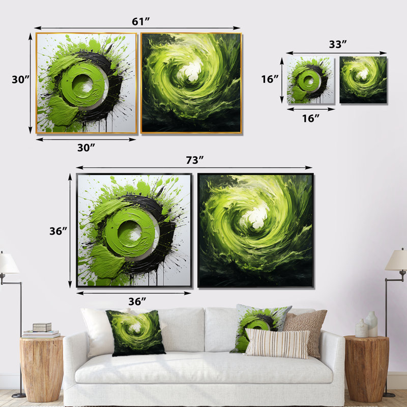 «Green Spiral Neon Fusion I», ensemble de 2 collages abstraits, Cadre flottant noir, H 16 po x l 33 po x P 1 po