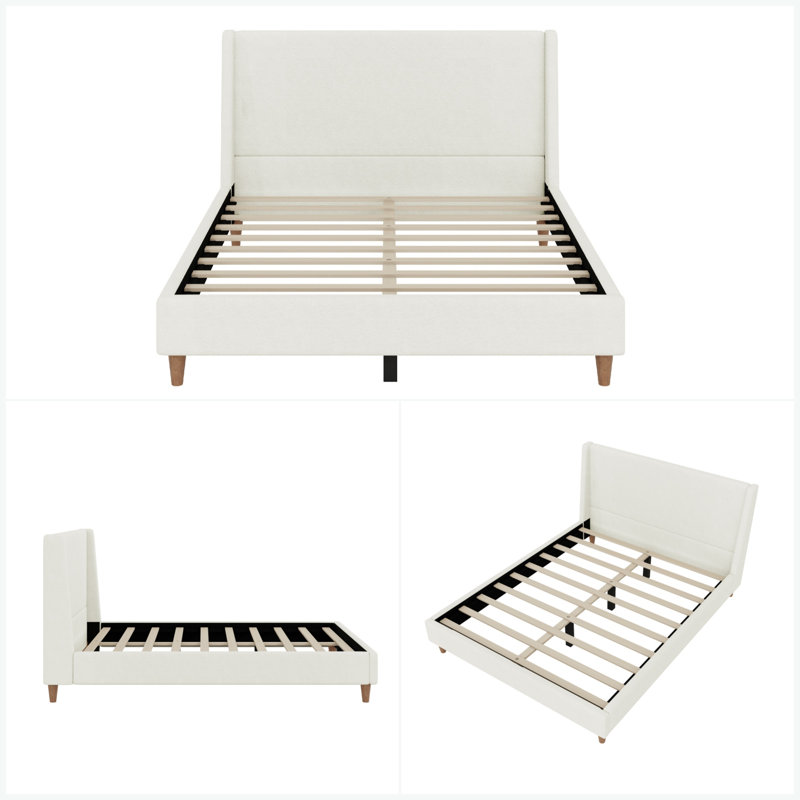 Wingback Upholstered Bed with Walnut Legs, Queen, Ivory Boucle