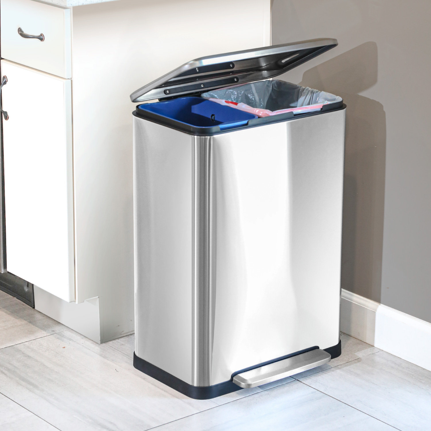 Home Zone Living 13 Gallon Wide Kitchen Trash Can, Dual Removable