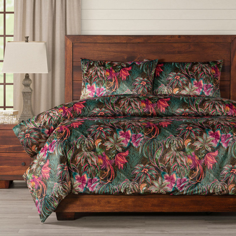 Tropical Floral Print Velvet Duvet Cover Set, King Duvet Cover + 2 King Shams