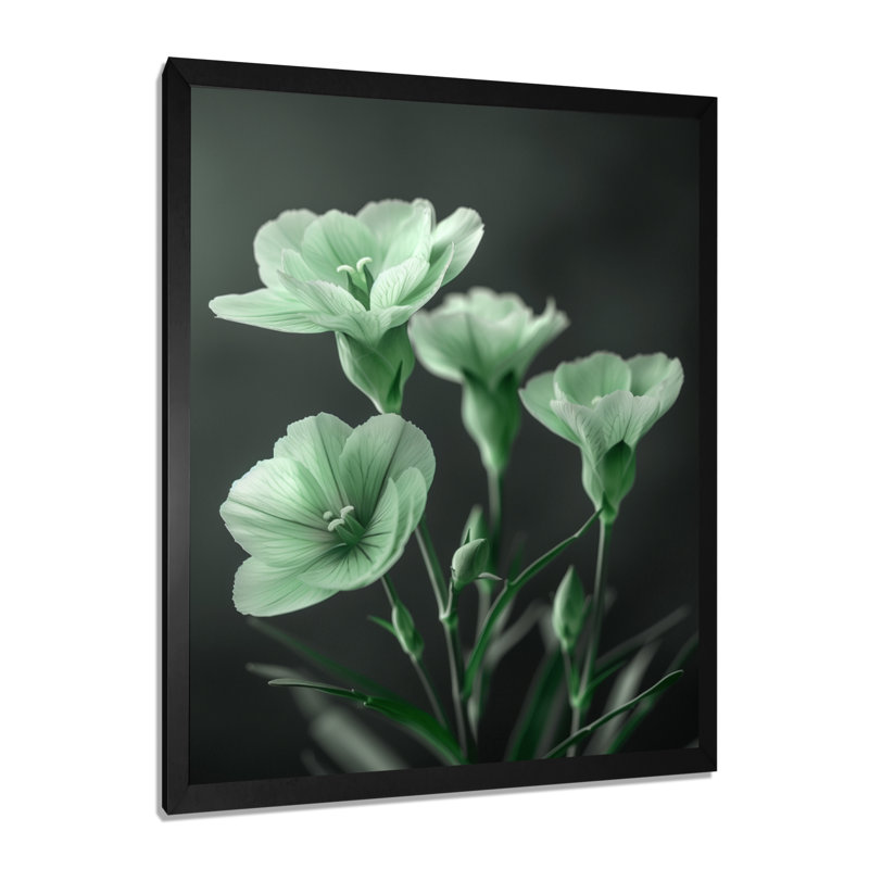 «Monocrhome Green Greey Romantic Carnations Glow», reproduction d'art mural, Toile encadrée noire simple