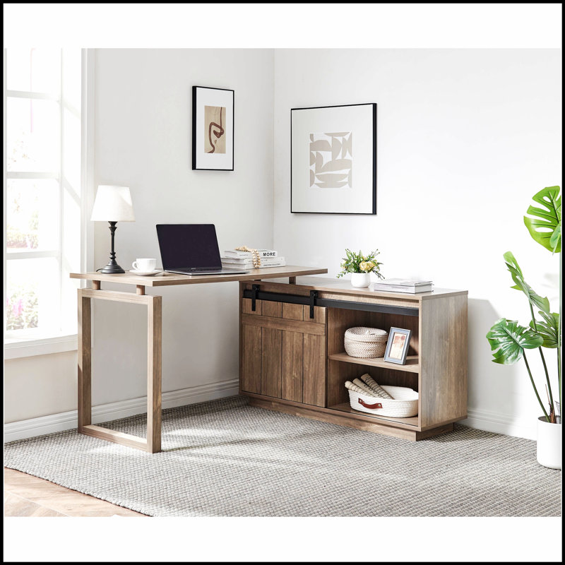 Poste de travail en L avec crédence de rangement, porte de grange coulissante et conception réversible pour bureau à domicile au fini noisette