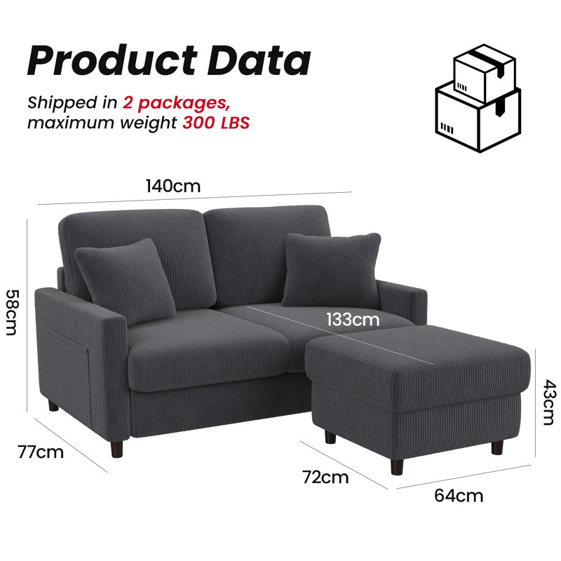 2 Seater Sofa, Grey Corduroy