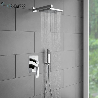 Glossy White Wall Shower System with Thermostatic Valve and Adjustable Handheld Spray Function