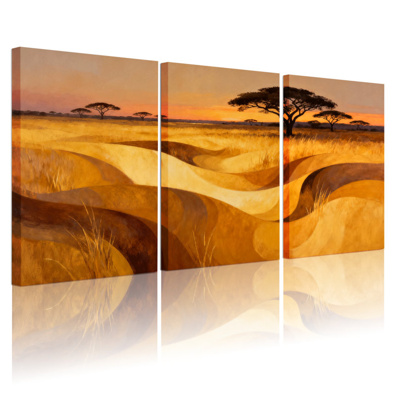 «Scenic & Cityscapes Golden Sunset Savanna Landscape», ensemble de 3 reproductions d'art sur toile