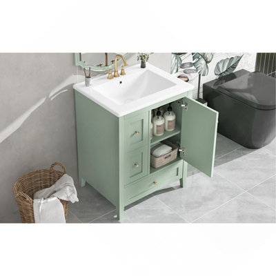24-Inch Bathroom Vanity with Storage, Adjustable Shelf, MDF & Rubberwood, Removable Dividers, Green Finish