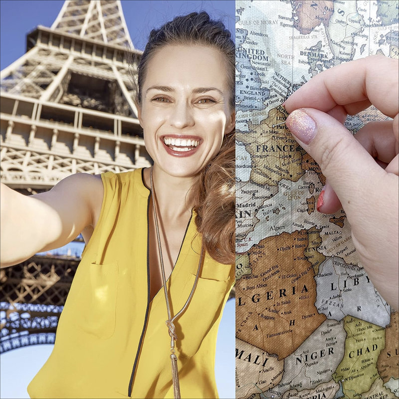Personalized Push Pin World Travel Map on Canvas - Single Panel, Yes, Espresso Floater Frame, 24" H x 40" W 