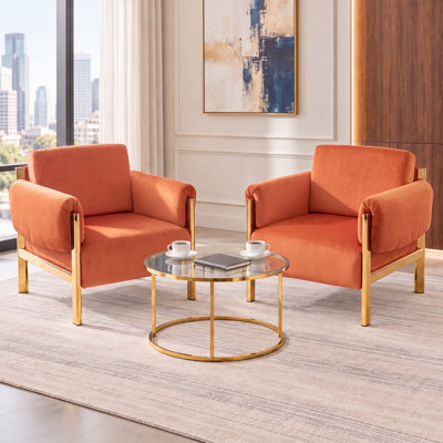 Fauteuils d'appoint Sistrunk, de style glamour moderne, en velours orange, avec accoudoirs rembourrés et structure en métal doré