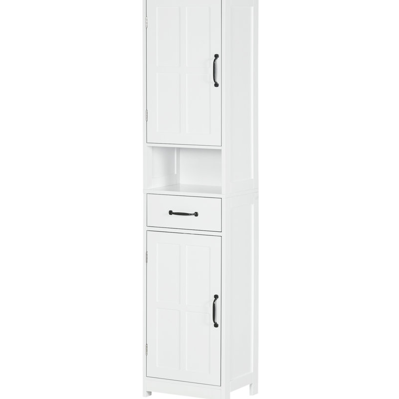 Armoire de rangement pour salle de bain - Grande et mince avec tablette ouverte, tiroir, portes encastrées et tablettes réglables, tablettes en lin blanc