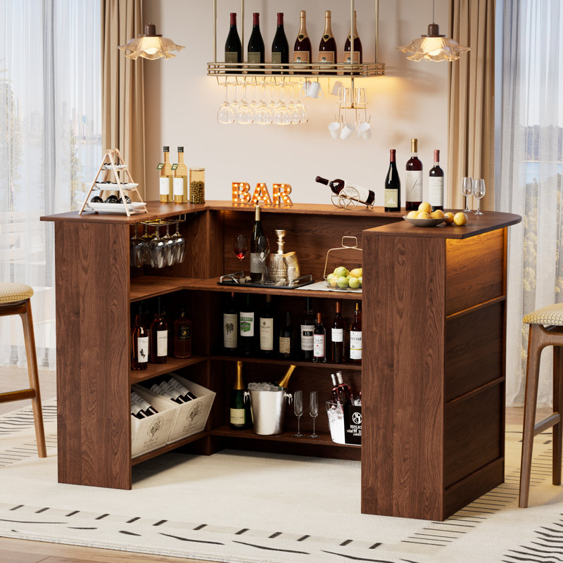 Home Unit Bar Cabinet With Led Light & Stemware Holders, 3 Tier Liquor Bar Wooden Storage Cabinet, Modern U-shaped Liquor Table Cabinet For Living Room, Dining Room