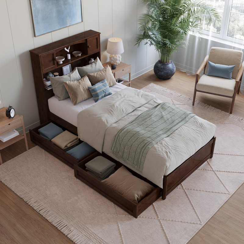 Lit plateforme avec rangement en bois Denver, Twin XL, Walnut