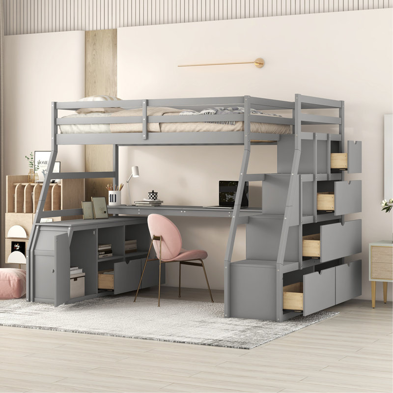 Lit mezzanine avec bureau, 7 tiroirs et 2 tablettes, Gris, Lit simple