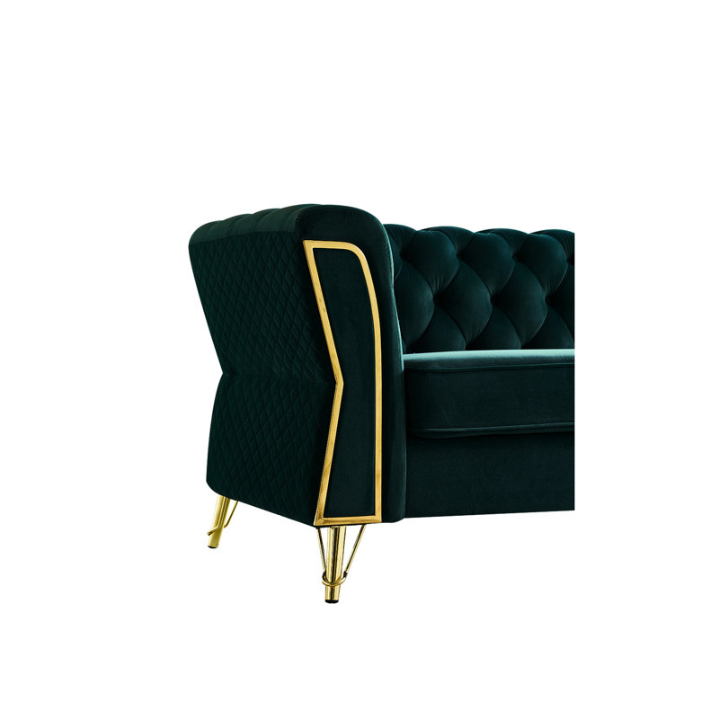 Velours de salon avec motif, structure en bois massif de 87,4 pouces, mousse haute, accoudoirs évasés et motif de couture à losanges, Invention