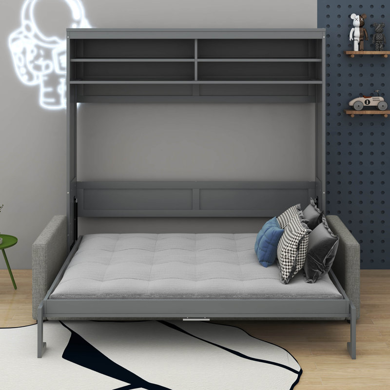 Queen Size Murphy Bed Wall Bed With Sofa, Gray