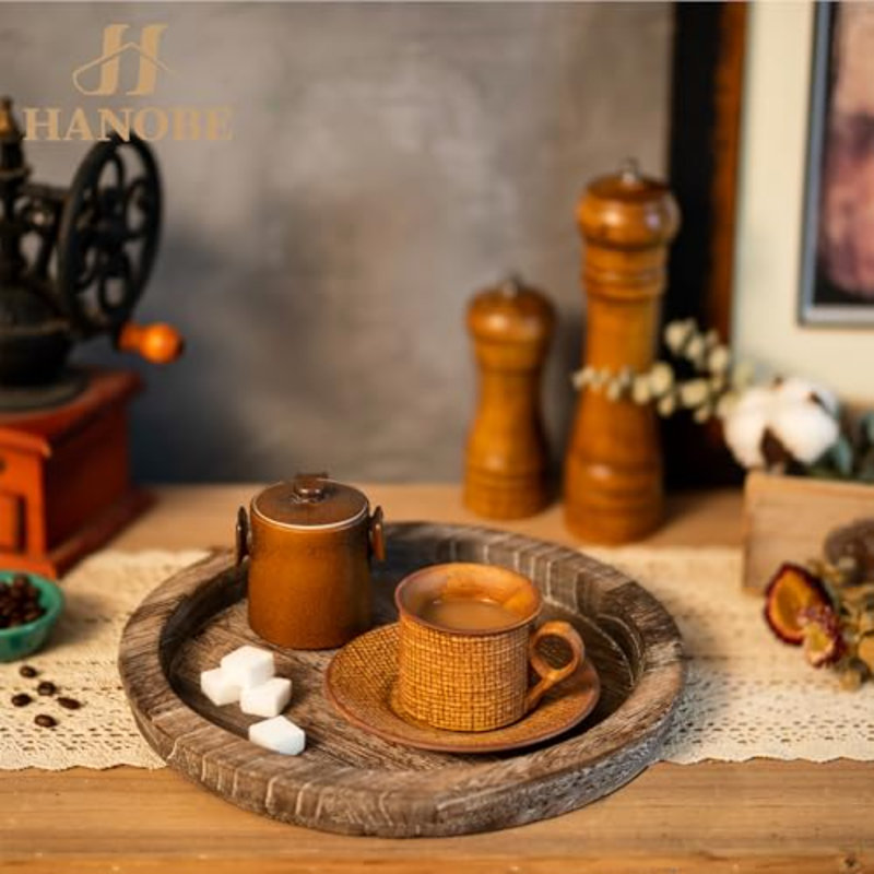 Plateau de service en bois rustique: plateau décoratif rond en bois Butler, Bois naturel