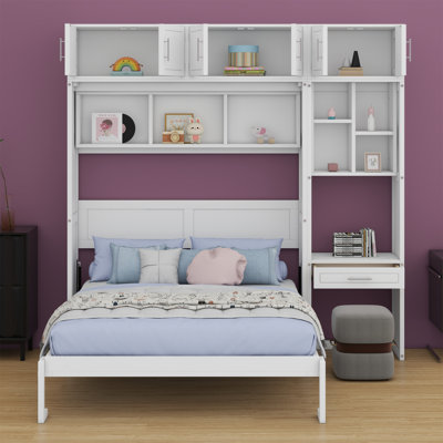 Murphy Bed With Desk, Top Cabinet And Storage Shelves, Space Saving Foldable Bed