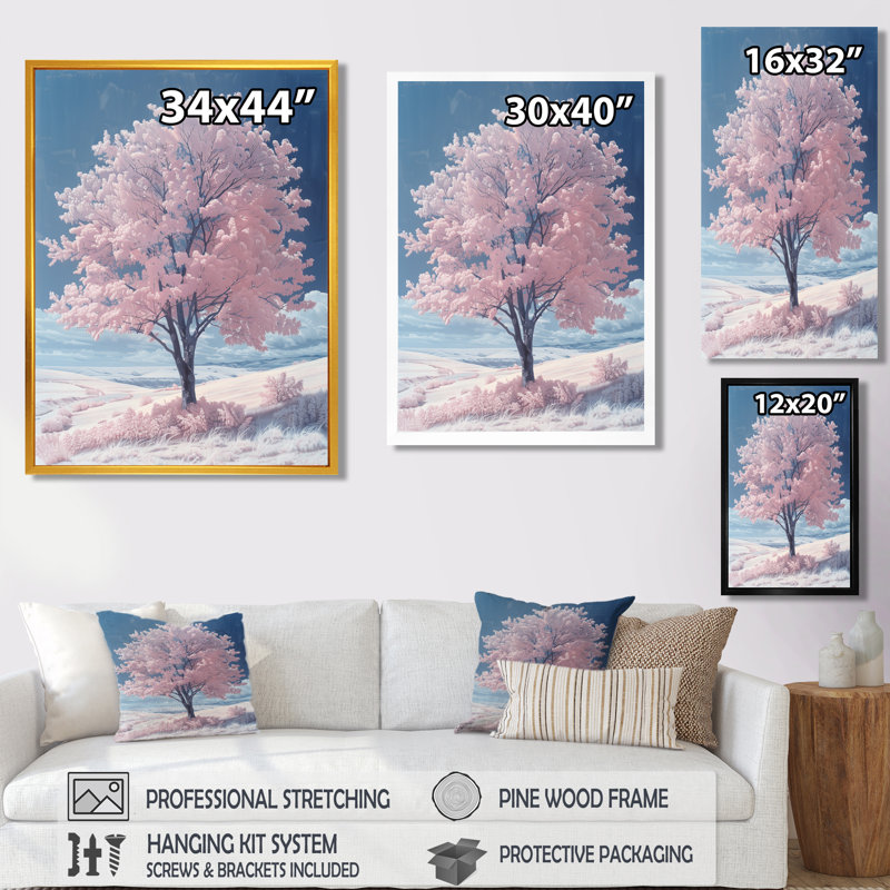 Fleur de pommier rose et bleu vif - décoration murale, Cadre simple blanc, H 34 po x l 44 po