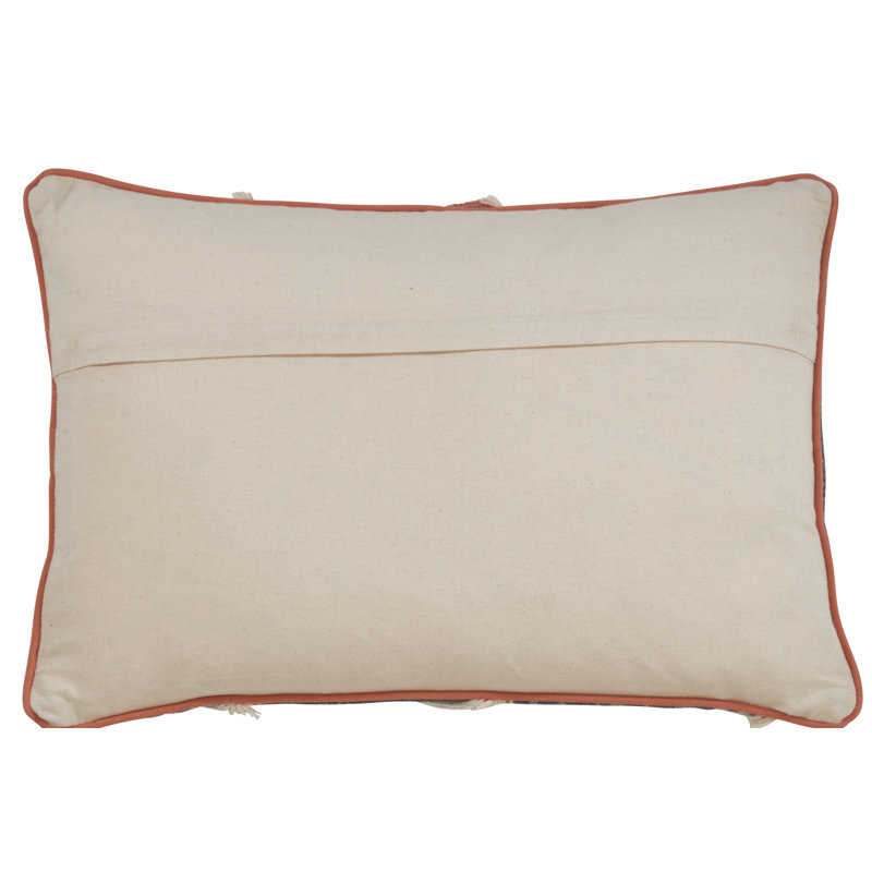 Blue Rectangular Embroidered Cotton Pillow with Fringe, 16"x24"