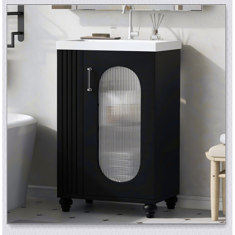 Meuble-lavabo de 20 po avec lavabo, meuble-lavabo avec tablette à deux niveaux, tablette réglable, bois massif et panneau de fibres à densité moyenne, noir