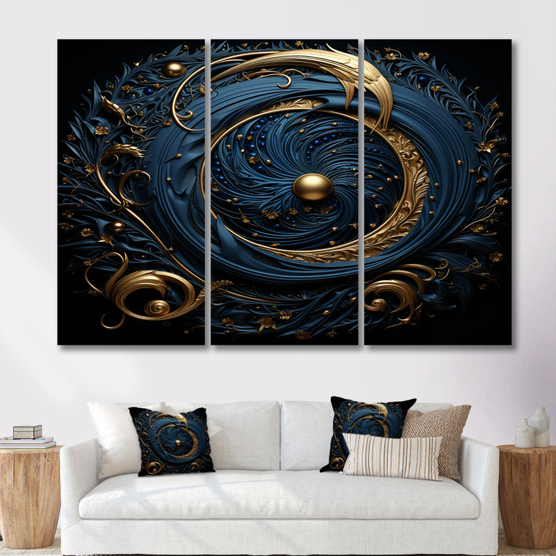 Soleil doré dans la galaxie ornementale - ensemble d'art mural floral moderne, Toile tendue, H 32 po x l 48 po x P 1 po