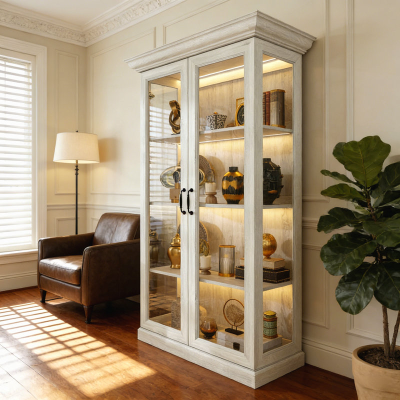 Vitrine de porte en verre chêne gris 69,3 po avec éclairage DEL blanc chaud
