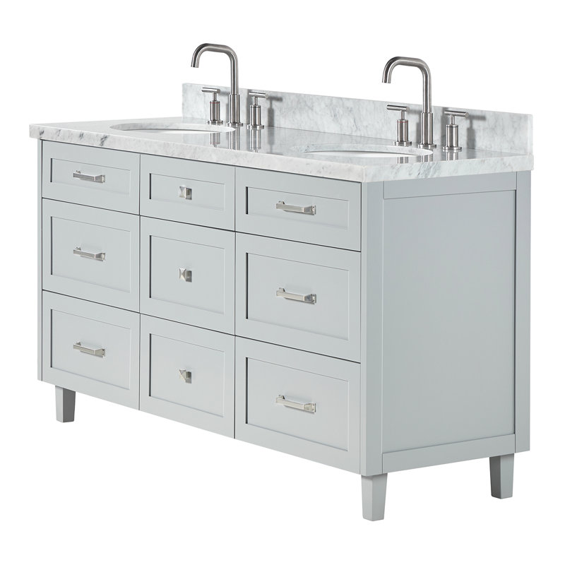 ARIEL Monroe 72 Double Sink Bathroom Vanity with Carrara Quartz Top, Gray, 60" - 61", Italian Carrara Marble