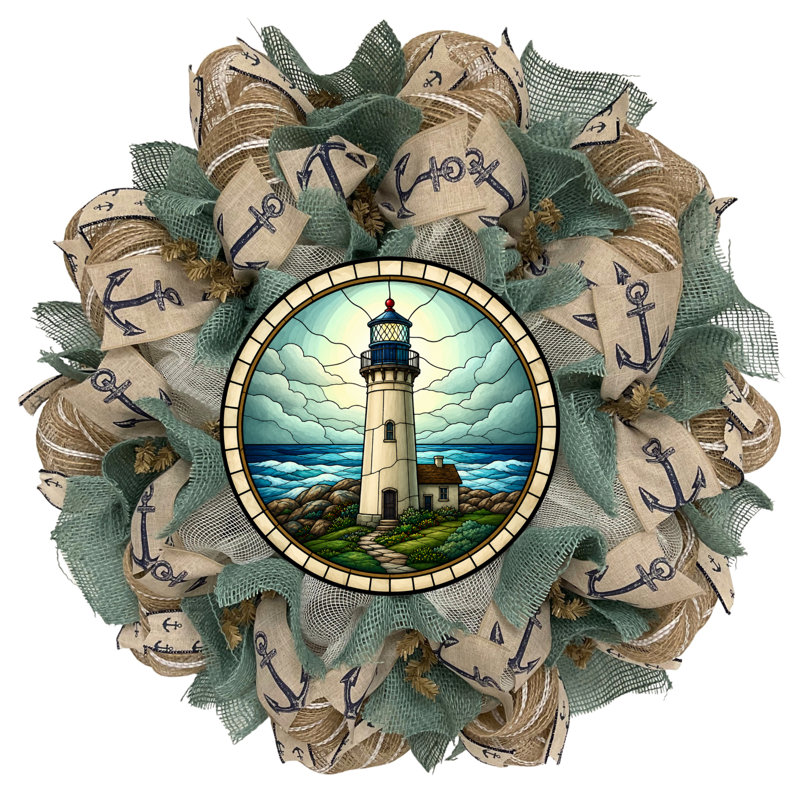 Nautical Coastal Mosaic Look Turquoise Lighthouse Wreath