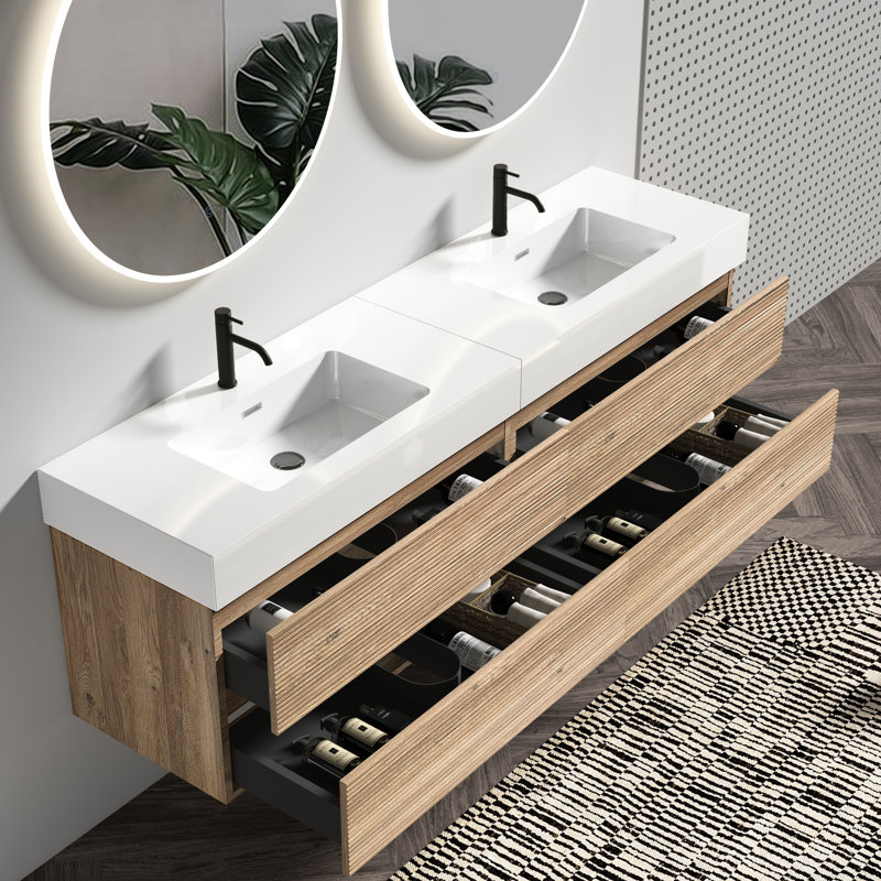 Meuble-lavabo mural flottant de taille 72 po, double tiroir, grain de bois, finition laquée E0, grand lavabo une pièce, couleur chêne, épissure noyer, quincaillerie
