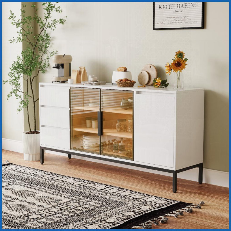 Table basse moderne blanche avec rangement pour le salon / salle à manger, panneau de particules facile à nettoyer, 3 tiroirs et amp; 2 armoires
