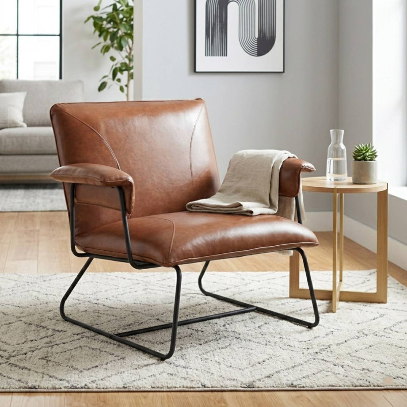 Klara Faux Leather Armchair with Metal Sled Base, Brown Faux Leather