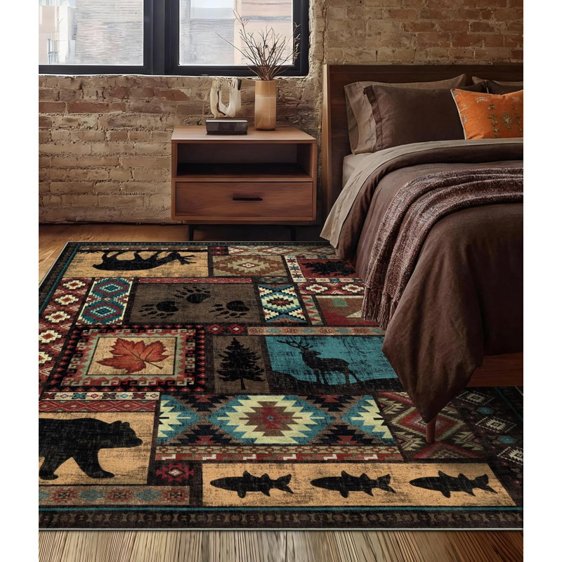 Tapis rustique 5 x 7 po, tapis d'ours de style lavable à la machine, tapis sud-ouest antidérapant à motif à poils courts pour chambre à coucher