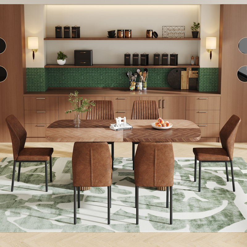 Grande table de salle à manger de style campagnard à double piédestal robuste, 7 pièces : table, 6 chaises, Brun