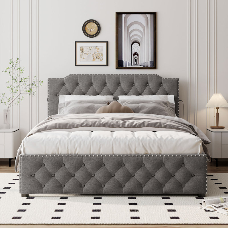 Lit plateforme tapissier avec lit gigogne, Gris