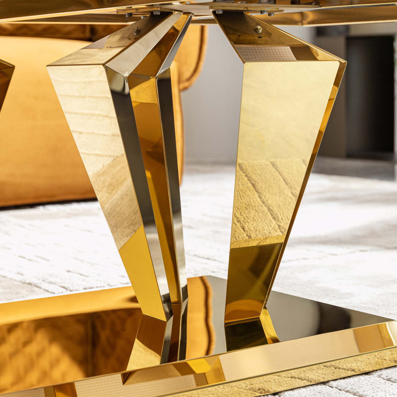 Modern Rectangular Coffee Table with Marble Pattern Top and Stainless Steel Base