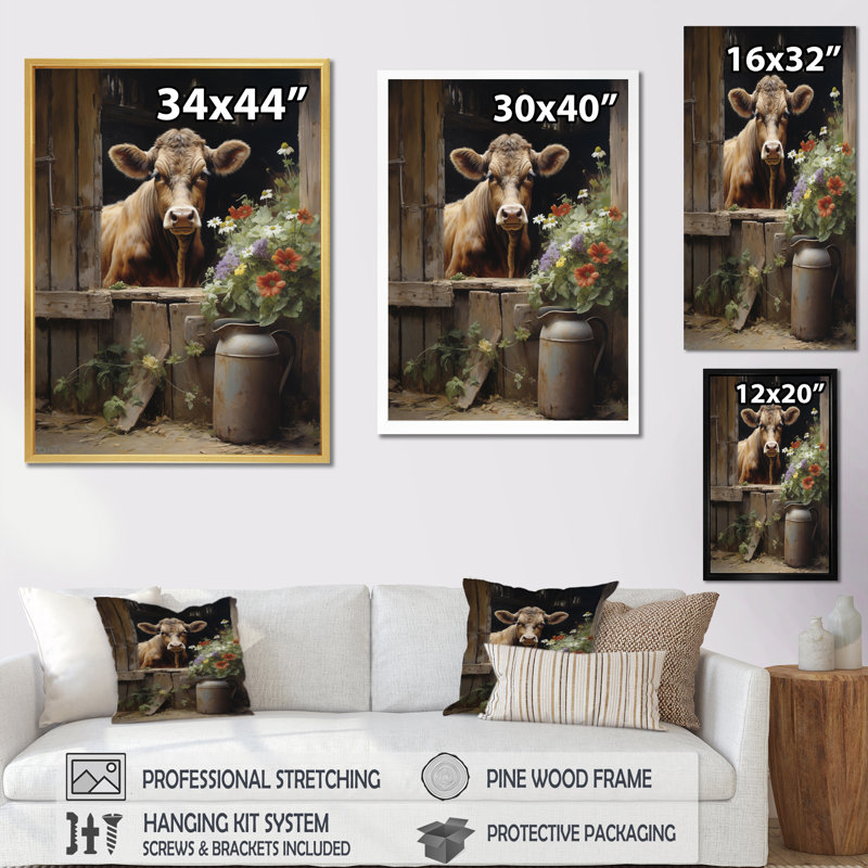 Brackeen Cow Rustic Charm III - vache, art mural, Cadre simple noir, H 32 po x l 16 po x P 1 po