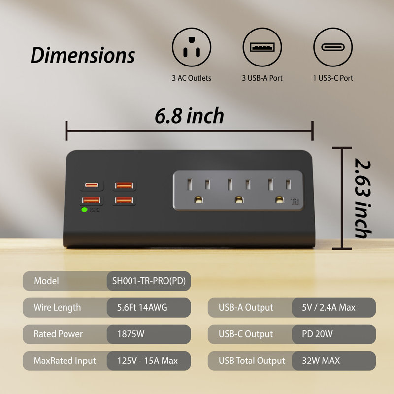 Station de charge avec 3 ports CA et 4 ports USB noir