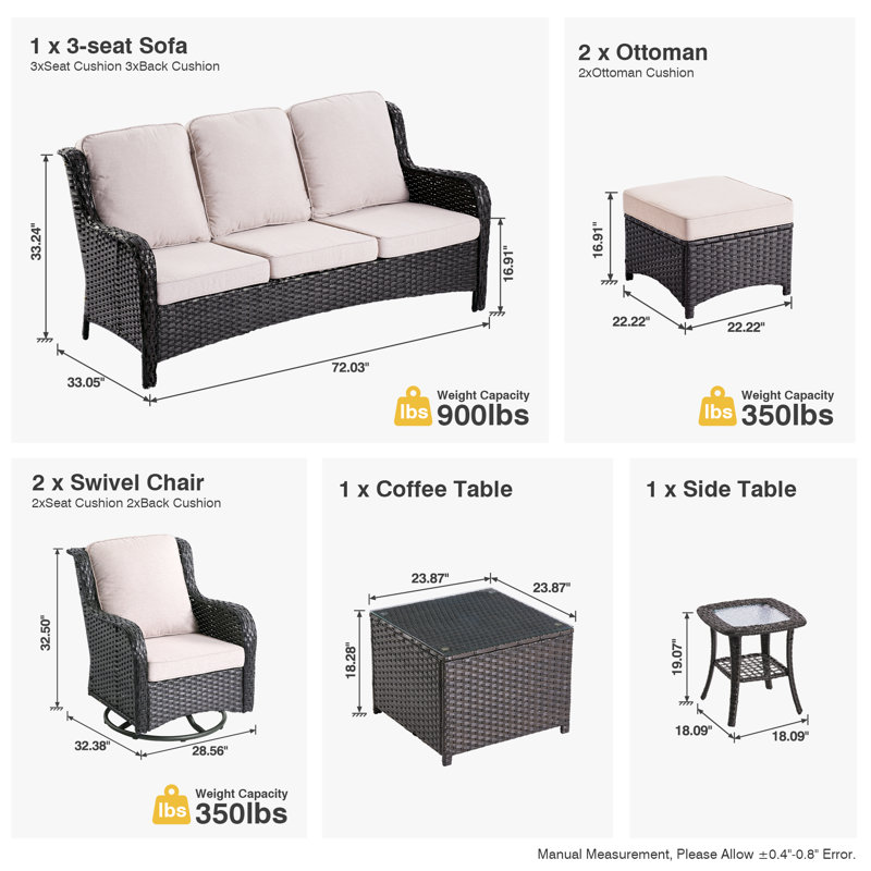 5 - Person Outdoor Conversation Set, Wicker Patio Sofa & Swivel Chair Set with Cushions, Beige Cushion/Brown Frame