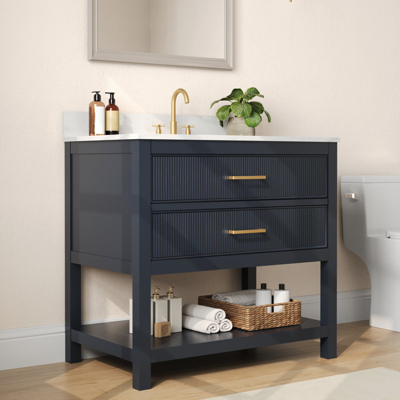 36" Fully Assembled Single Bathroom Vanity with Flip-Up Door Storage Compartment and Drawer, Navy