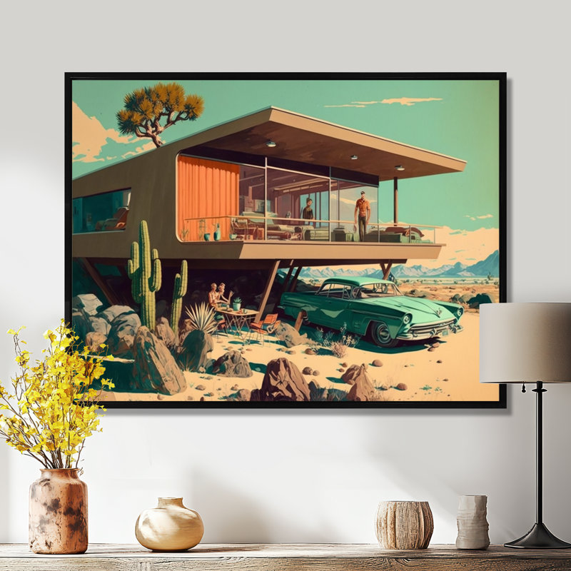 «Green Car Mid Century Retro Architecture», art mural voiture exotique, Toile avec cadre flottant noir