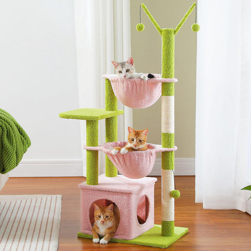 Arbre à chat Cactus, tour pour chat 47,6 po avec 2 hamacs en métal, poteau à griffer pour chat avec 2 bâtons de pompon amovibles pour chatons