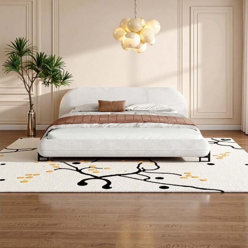 Élégante structure de lit très grand en tissu Boucle avec tête courbée et tête de lit moelleuse - blanc, Très grand lit