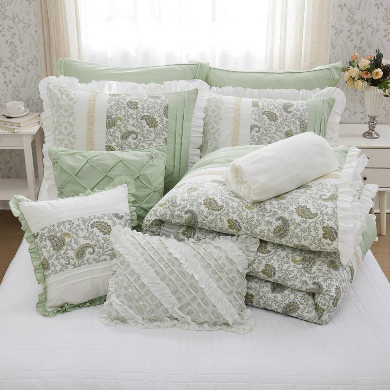 Ensemble d'édredon 9 pièces en percale de coton très grand - Cottage avec ruban adhésif et dentelle, Vert sauge