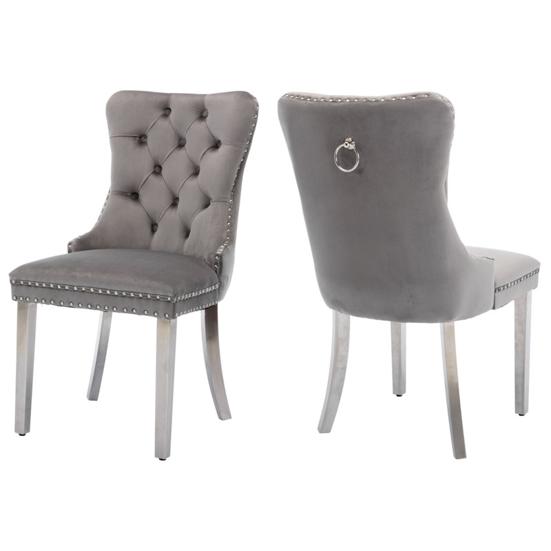 Tufted Velvet Wing Back Side Dining Chairs, Gray, Brushed Nickel