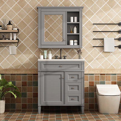 Ensemble de meuble-lavabo autoportant 30 po avec lavabo supérieur, meuble-lavabo moderne avec 2 tiroirs et un tiroir basculant, meuble-lavabo autoportant avec miroir et meuble-lavabo simple