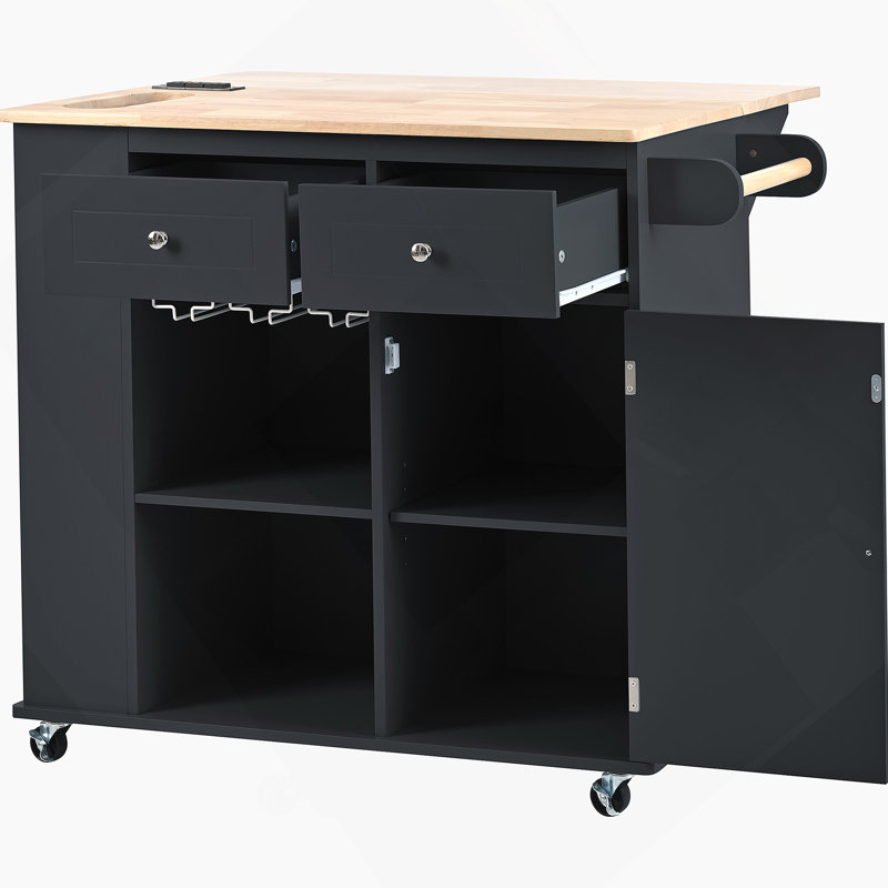 Kitchen Island With Power Outlet,Kitchen Storage Island With Drop Leaf And Rubber Wood, Black
