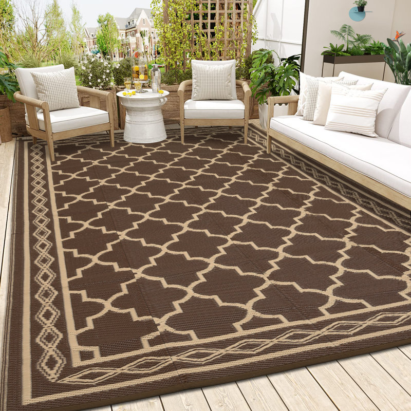 Tapis d'extérieur imperméable à l'eau Patio Tapis de paille en plastique réversible Tapis de camping rétro, Beige
