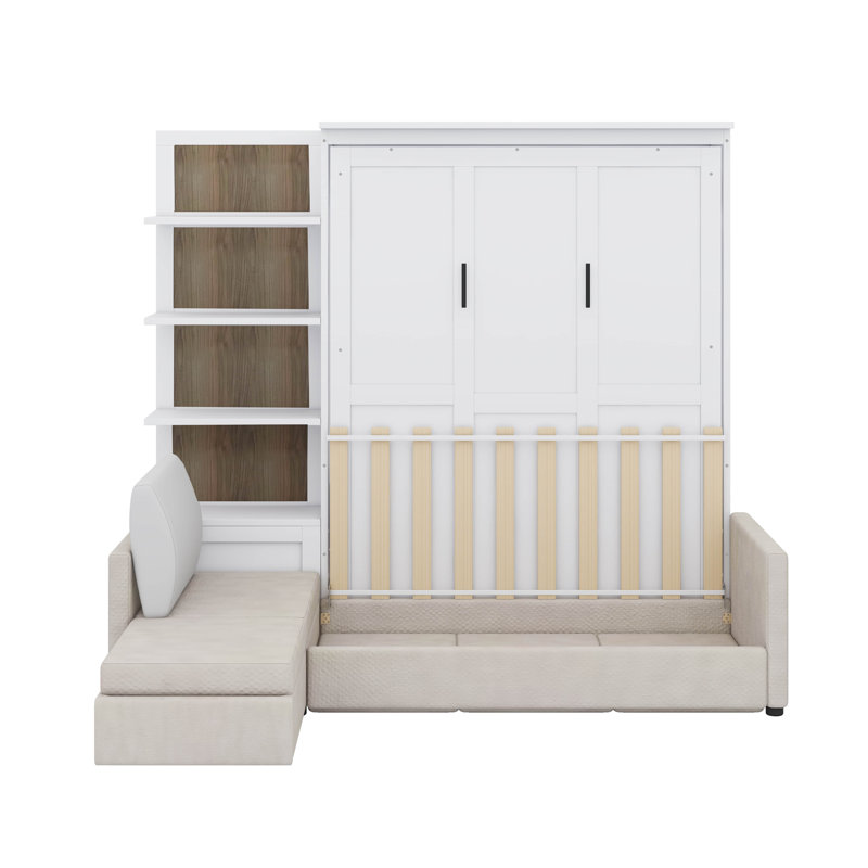 Grand lit escamotable avec canapé et tablettes, Blanc