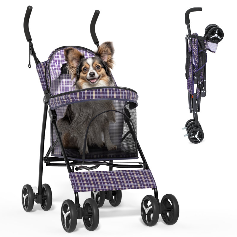 Plaid Steel Frame Foldable Pet Stroller with Rubber Wheels