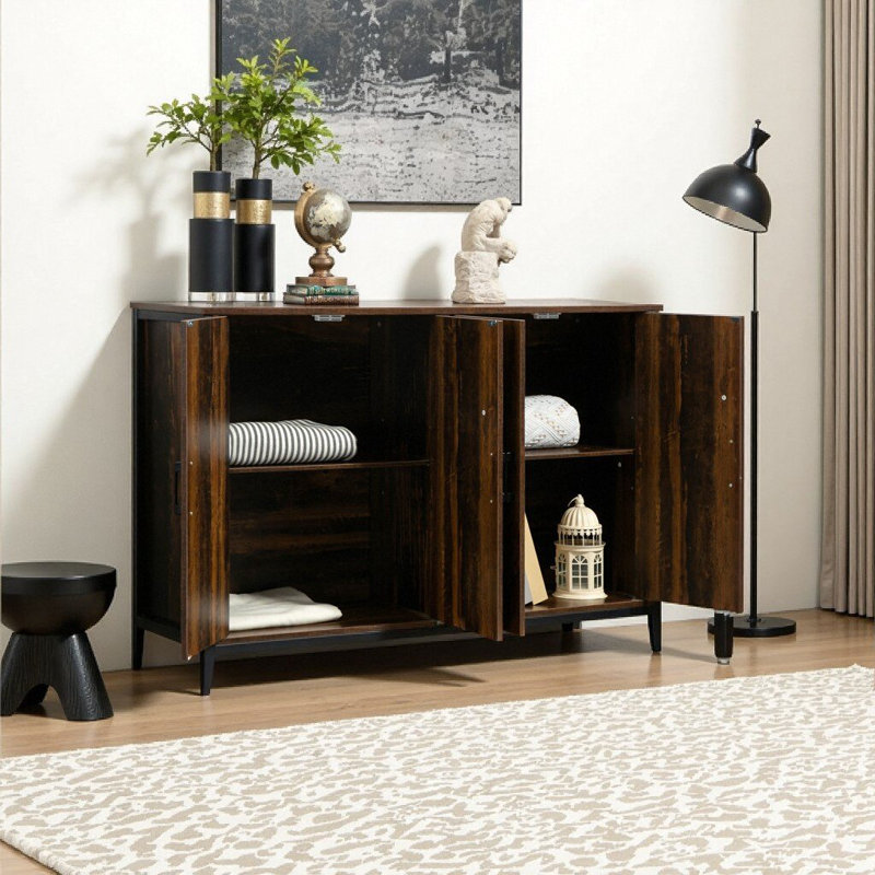Buffet 47 po brun rustique industriel avec tablettes réglables, panneau de fibres à densité moyenne et bar en acier pour le salon, la salle à manger et le vestibule