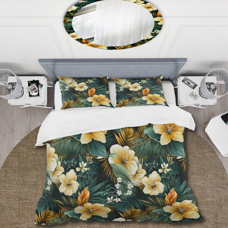 Tropical Greens Warm Earth Tones I Polyester Floral Duvet Cover Set, Queen Duvet Cover + 2 Standard Shams